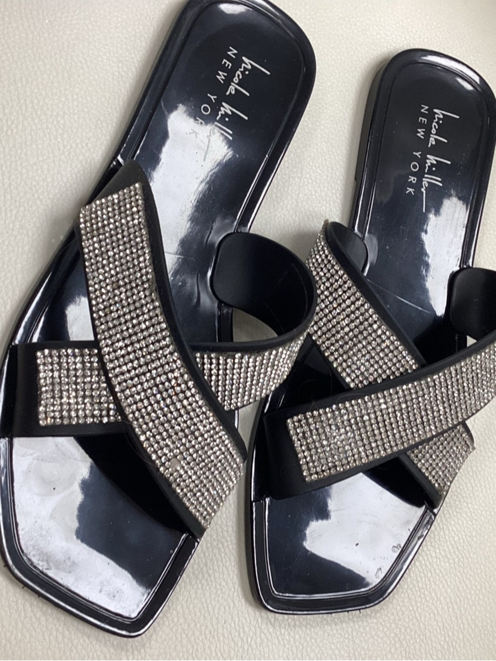 Nicole Miller Black Slide Mules with Crystal Cross Straps - Picture 3 of 5